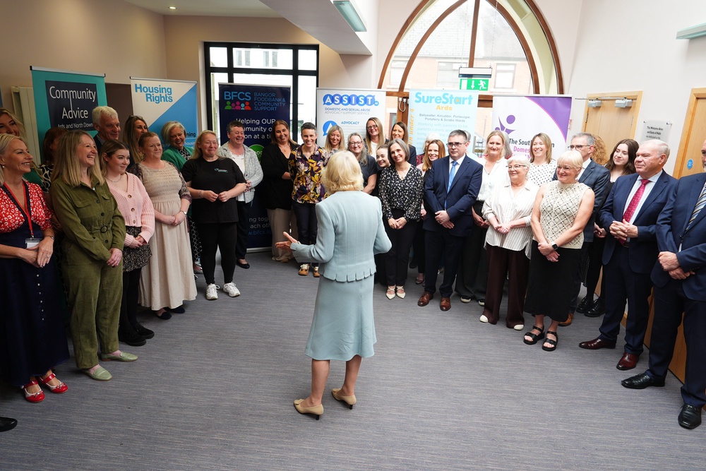 Camilla speaks to workers and volunteers at Women’s Aid Newtownards (Aaron Chown/PA) (PA Wire)