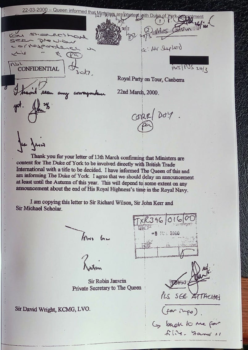 A document between Sir Robin Janvrin, private secretary to Queen Elizabeth II , and Sir David Wright, chief executive of British Trade International, on the announcement of Andrew Mountbatten-Windsor’s appointment as a trade envoy (Cabinet Office/PA) (PA Media)