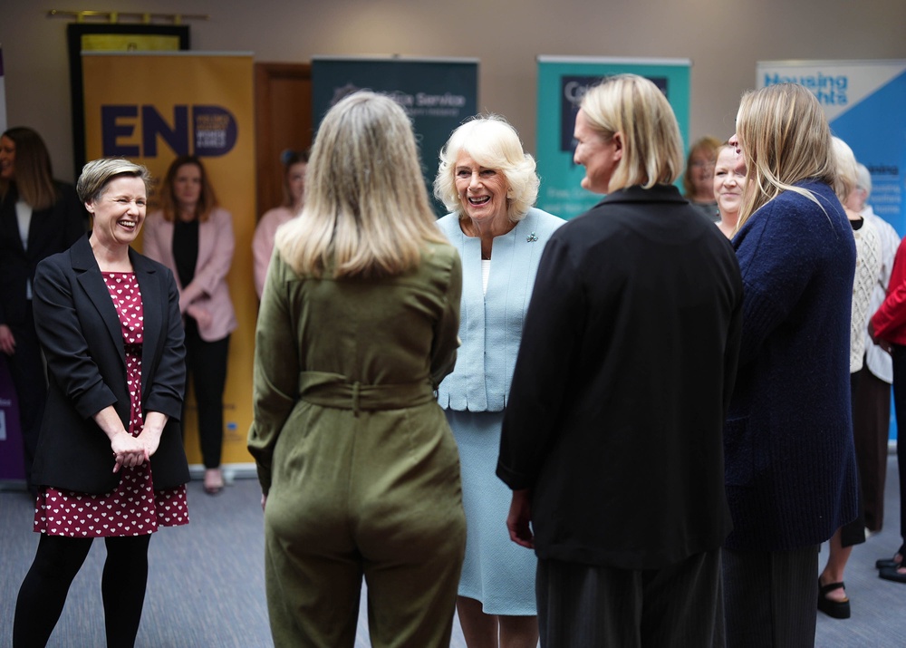 Queen Camilla (centre) meets staff and volunteers at Women’s Aid Newtownards, on day three of the royal visit to Northern Ireland (Aaron Chown/PA) (PA Wire)