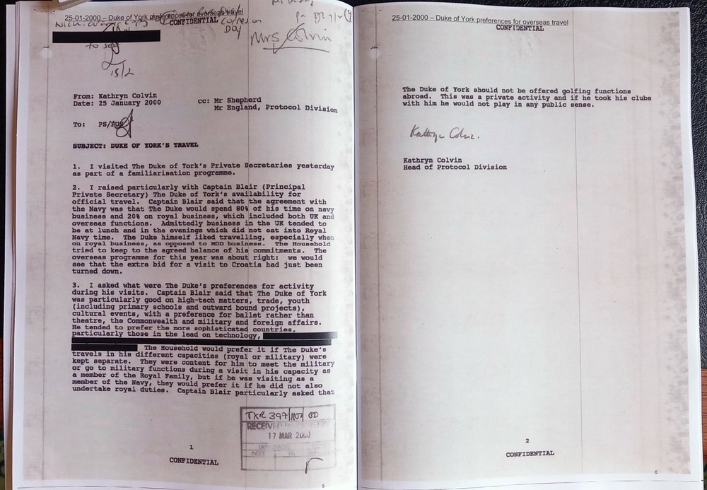 A document from Kathryn Colvin, head of the Protocol Division, on the subject of Andrew Mountbatten-Windsor’s travel arrangements as a trade envoy (Cabinet Office/PA) (PA Media)