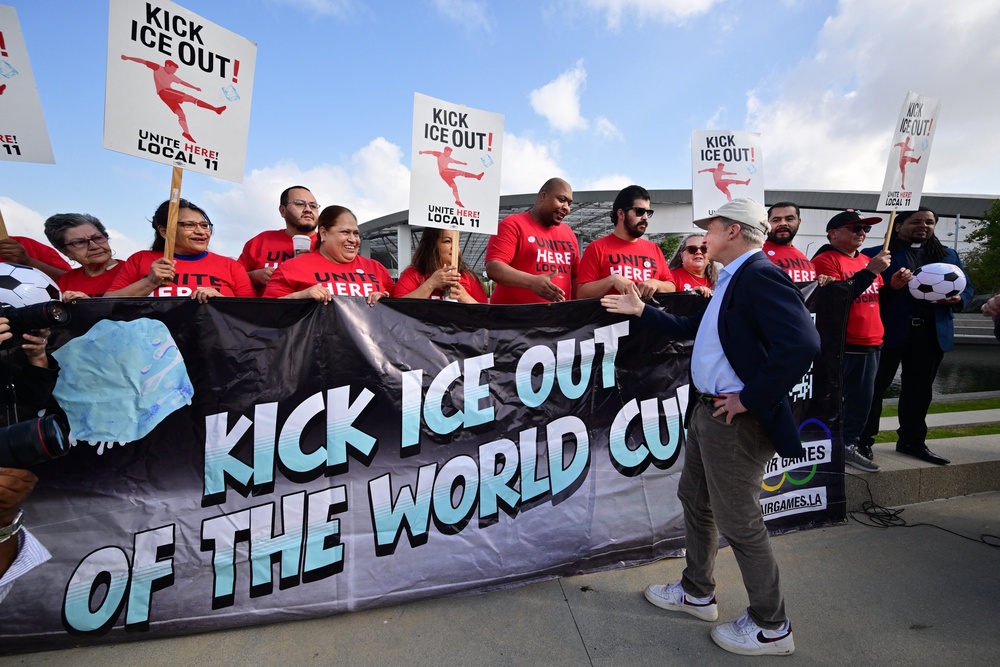 California Gubernatorial candidate Tom Steyer joins Sofi Stadium workers, including cooks, bartenders, dishwashers, servers and cashiers, in a protest outside the stadium, ahead of the 2026 FIFA World Cup in Inglewood, California (AFP/Getty)