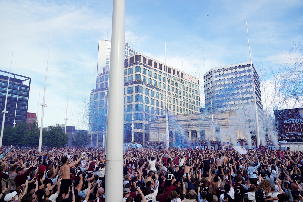 Aston Villa fans celebrate during the Europa League winners parade in Birmingham (Jacob King/PA) (PA Wire)