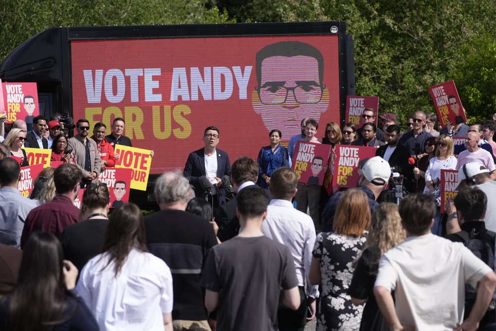 Andy Burnham giving a speech surrounded by supporters at the launch of his campaign as Labour’s candidate for the Makerfield by-election (Peter Byrne/PA) (PA Wire)