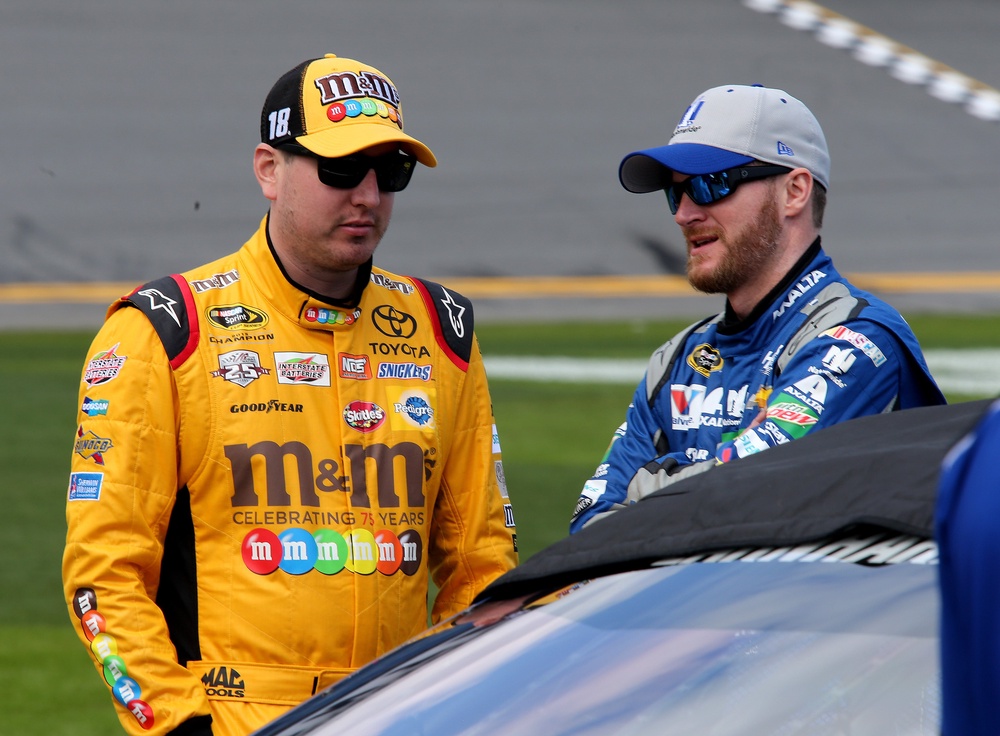 Kyle Busch and his one-time rival Dale Earnhardt Jr. at the NASCAR Sprint Cup Series Daytona 500 at Daytona International Speedway in 2016 (Getty)