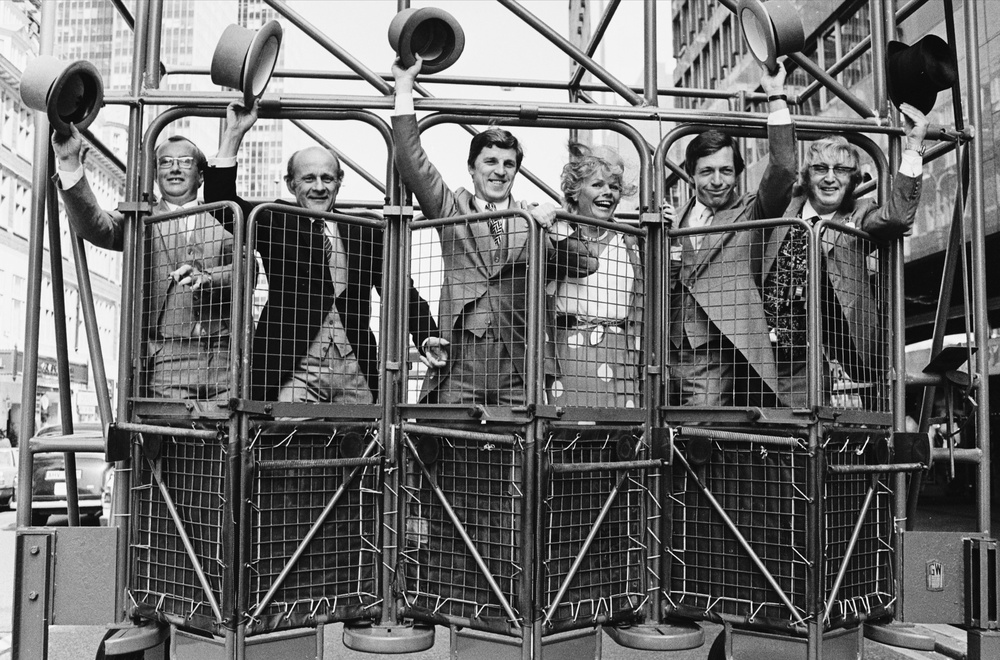 The London line-up of Thames TV’s Derby Day presenters (l-r) Graham Goode, John Oaksey, Brough Scott, Judith Chalmers, Derek Thompson and John McCririck at a press event at Tottenham Court Road (PA) (PA Archive)