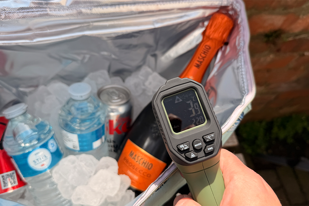 I used my Gozney infrared thermometer to assess how well each bag held a consistent cold temperature (Rachael Penn/The Independent)