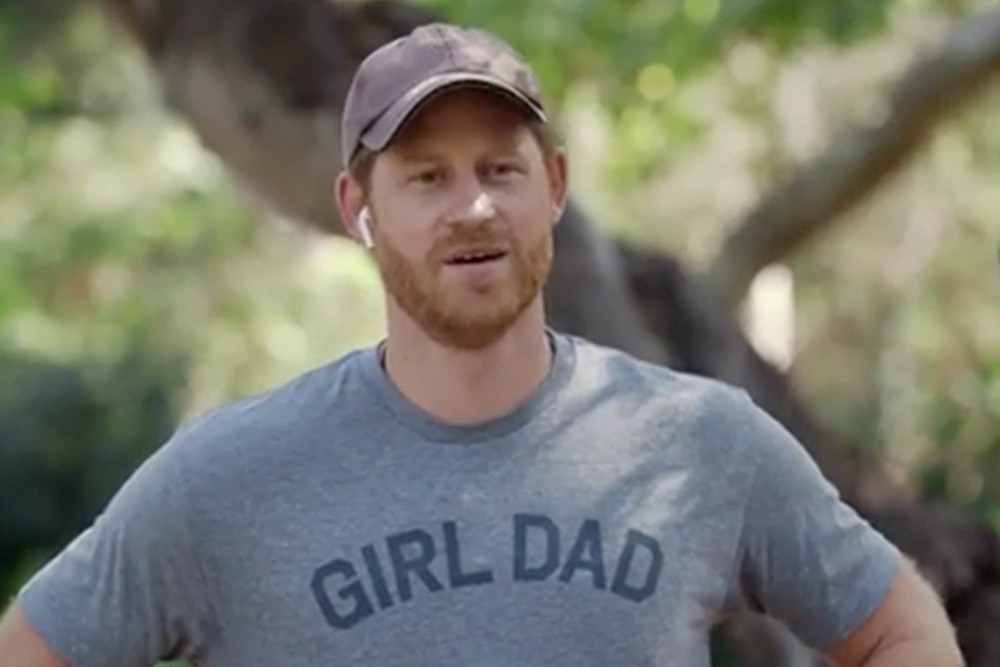 Prince Harry, father to Archie, seven, and Lilibet, four, wearing a ‘Girl Dad’ T-Shirt in a comedy skit video for his not-for-profit organization Travalyst (YouTube/Travalyst)