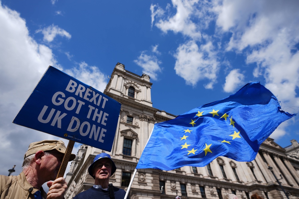 Pro-European Union campaigners hold flags and banners near parliament, Wednesday, May 20, 2026 (AP)