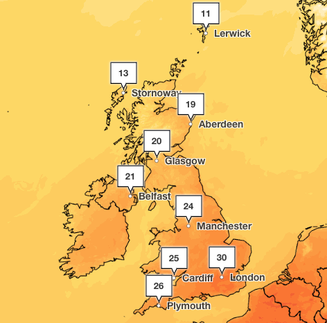 Temperatures are expected to exceed 30C in London on Sunday (Met Office)