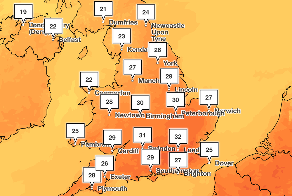 Highs of 33C are expected on Monday (Met Office)
