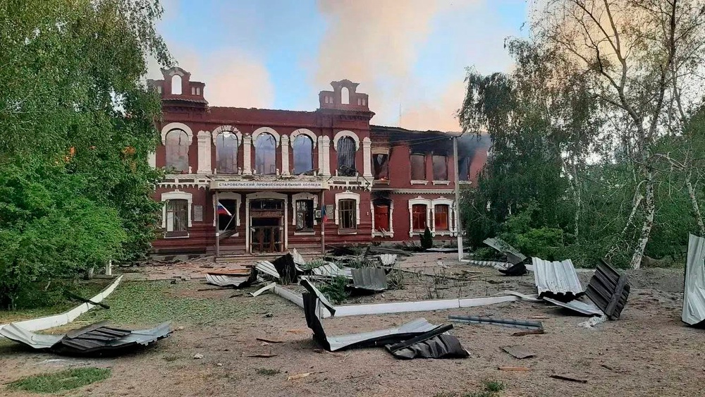 A university college building damaged by Ukrainian drones in Starobilsk, Ukraine ((Head of Russian-controlled Luhansk region Leonid Pasechnik Telegram channel via AP)