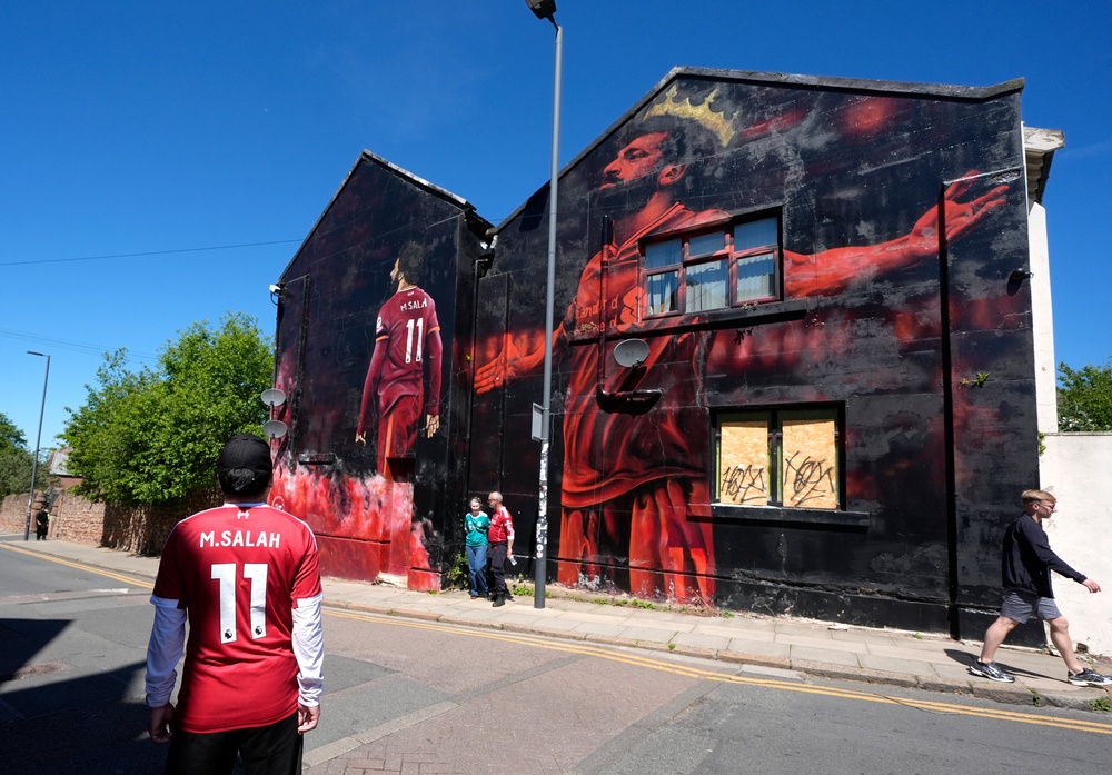 A mural featuring Liverpool's Mohamed Salah ahead of the Premier League match at Anfield (PA)