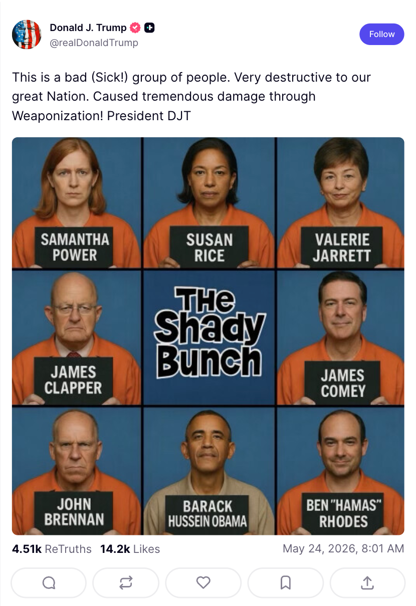 Trump shared a Brady Bunch style image on Truth Social Sunday depicting several of his political enemies in prison jumpsuits (@realDonaldTrump/Truth Social)