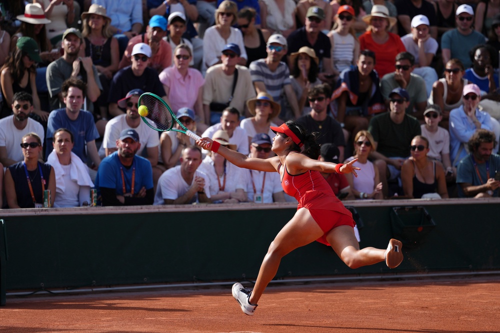 Emma Raducanu lunges for a forehand (Aurelien Morissard/AP) (AP)