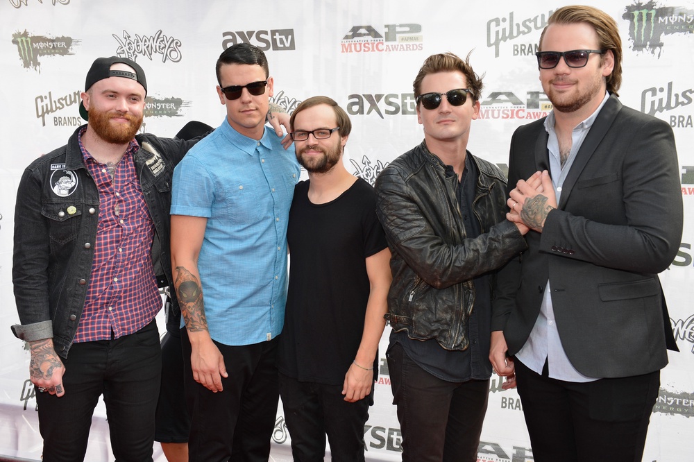 Caleb Shomo with the other members of Beartooth (Taylor Lumley, Oshie Bichar, Kamron Bradbury and Brandon Mullins) in Cleveland, Ohio in 2015 (Getty)