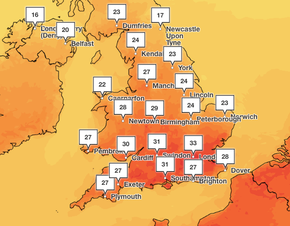 Temperatures are now expected to hit 33C not only on Monday, but also on Tuesday (Met Office)