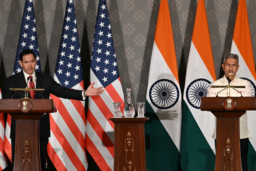 Marco Rubio addresses a joint press conference with S Jaishankar in Delhi (AFP/Getty)
