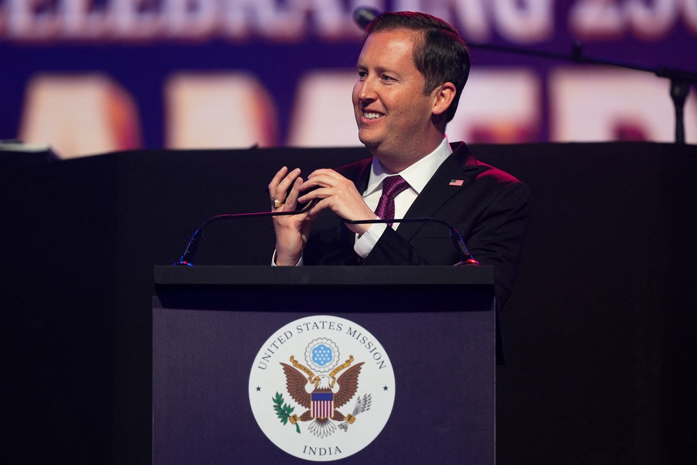 US ambassador to India Sergio Gor speaks to President Donald Trump on the phone at an event celebrating the United States' 250th anniversary (AFP/Getty)