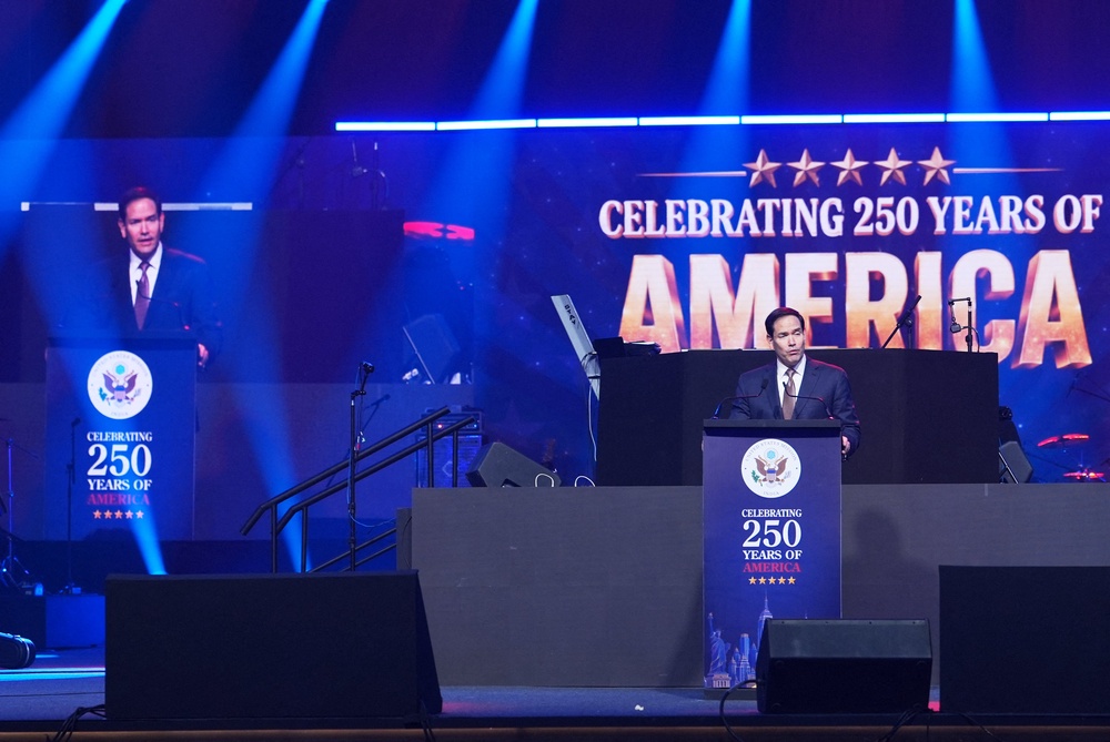 Marco Rubio delivers a speech at an event celebrating the 250th anniversary of America’s independence in Delhi (AFP/Getty)