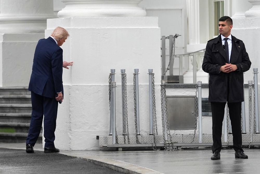 Monday afternoon Trump was seen examining one of the pillars at the White House (AP)