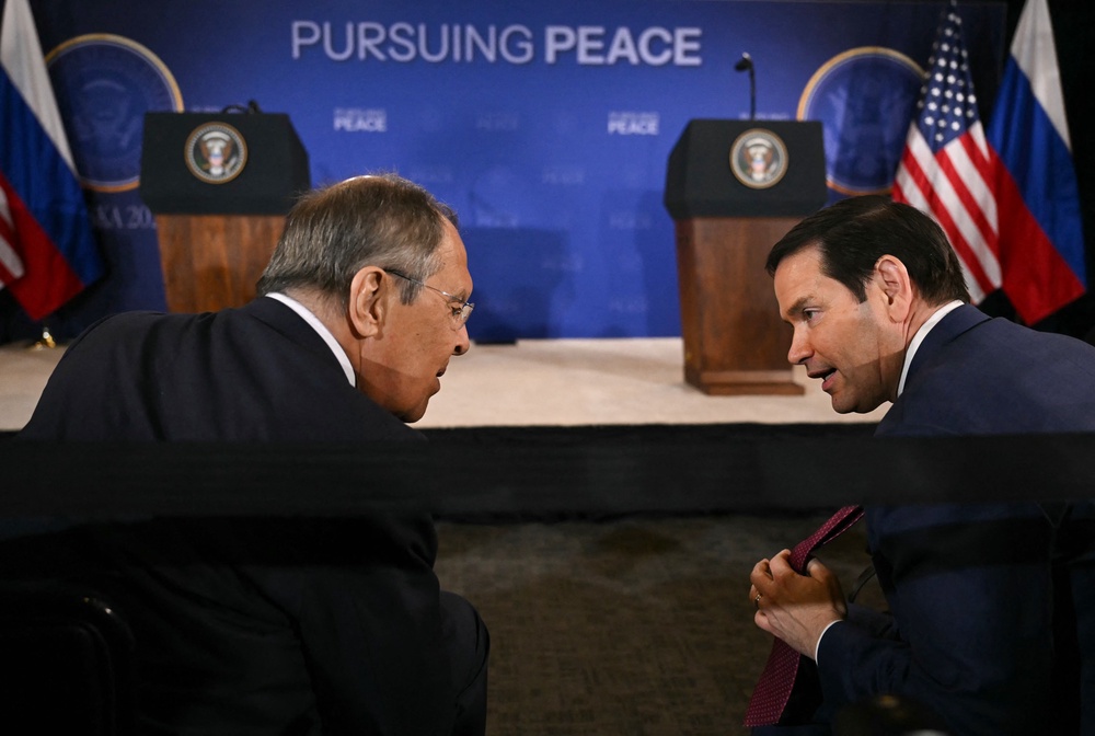 Russian foreign minister Sergei Lavrov and US secretary of state Marco Rubio speak during a US-Russia summit on Ukraine at Joint Base Elmendorf-Richardson in Anchorage, Alaska (AFP/Getty)