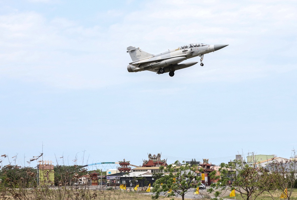File. A Taiwanese fighter jet prepares to land at the Hsinchu airbase on 2 April 2025 (AFP/Getty)