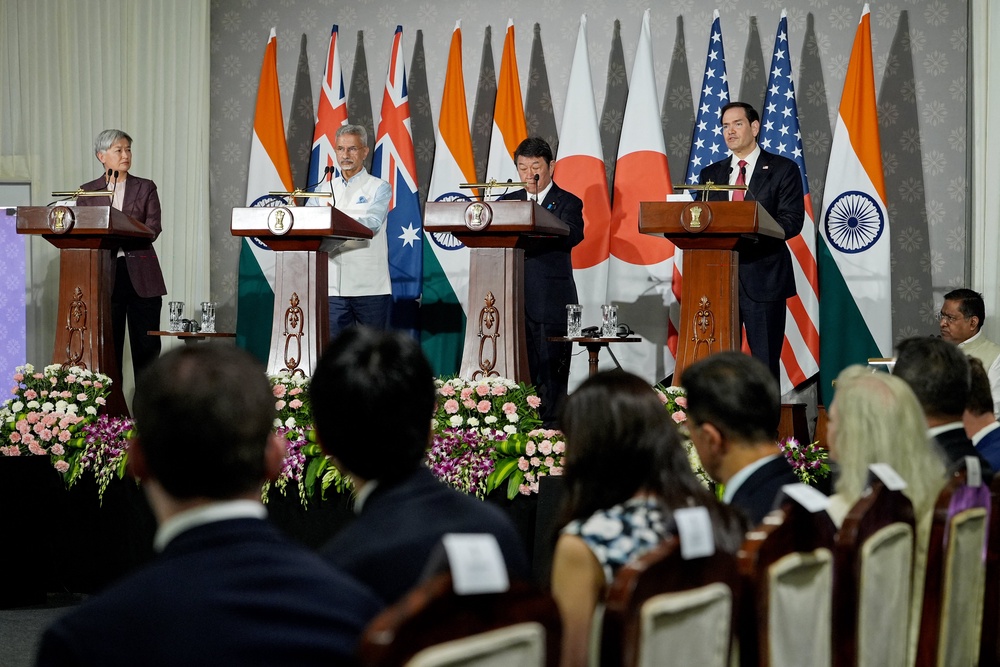 Foreign ministers Penny Wong of Australia, S Jaishankar of India, Toshimitsu Motegi of Japan, and Marco Rubio of the US address a press conference after their meeting in Delhi on 26 May 2026 (AFP/Getty)