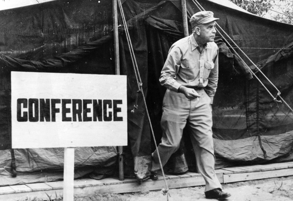 Vice Admiral C Turner Joy, leaving the conference tent after a ceasefire conference on Korea. The success at stopping the US in its tracks - due to the mining of Wonsan - was regarded as one of the major setbacks of the Korean War. (Getty)