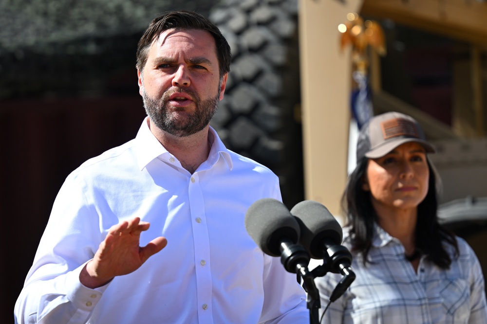 Vice President JD Vance speaks as Director of National Intelligence Tulsi Gabbard looks on during a visit to the U.S.-Mexico border in March 2025 in Eagle Pass, Texas. (Getty)