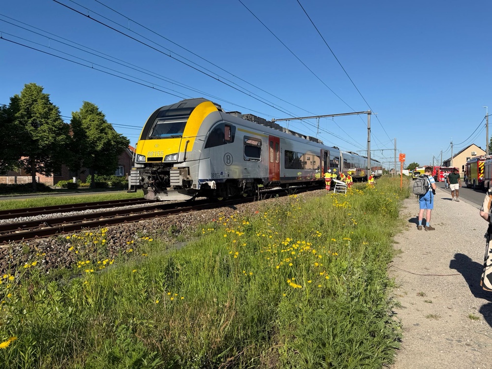 Rescue workers on the scene of a crash between a train and vehicle in Buggenhout (AP)