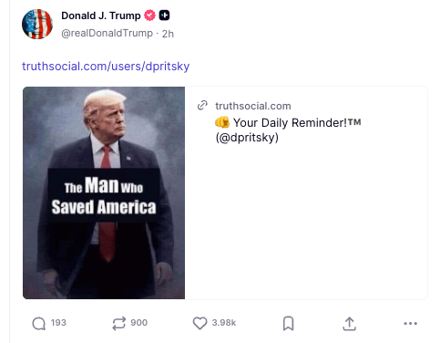 President Donald Trump spent his evening and early morning posting memes on Truth Social, boasting about his approach to the Iran war and hailing himself ‘the man who saved America’ (Truth Social)