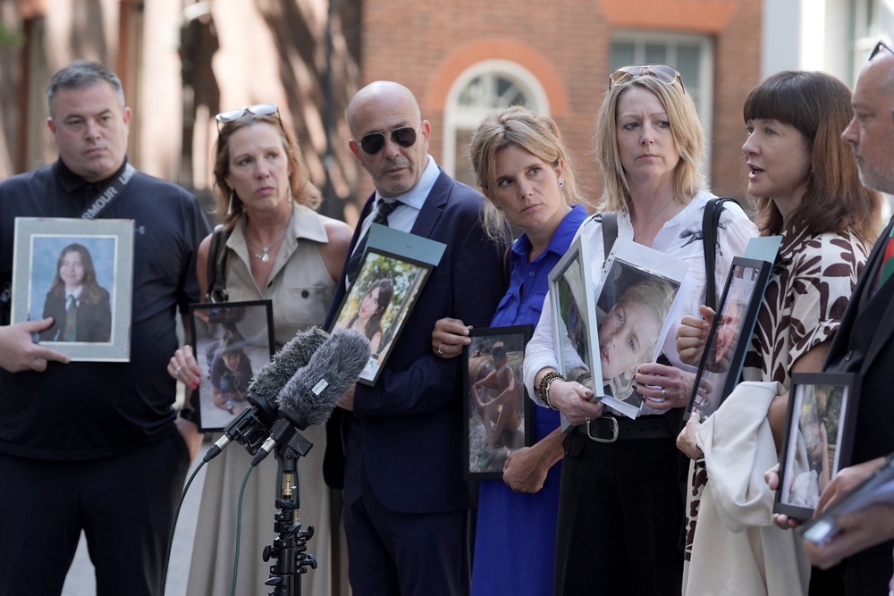 Bereaved parents Liam Walsh, Lorin LaFave, Mariano Janin, Ellen Roome, Lisa Kenevan, Ruth Moss, and Stuart Stephens speak to the media in Downing Street, central London, following their meeting with Prime Minister Sir Keir Starmer regarding children's use of social media (PA)