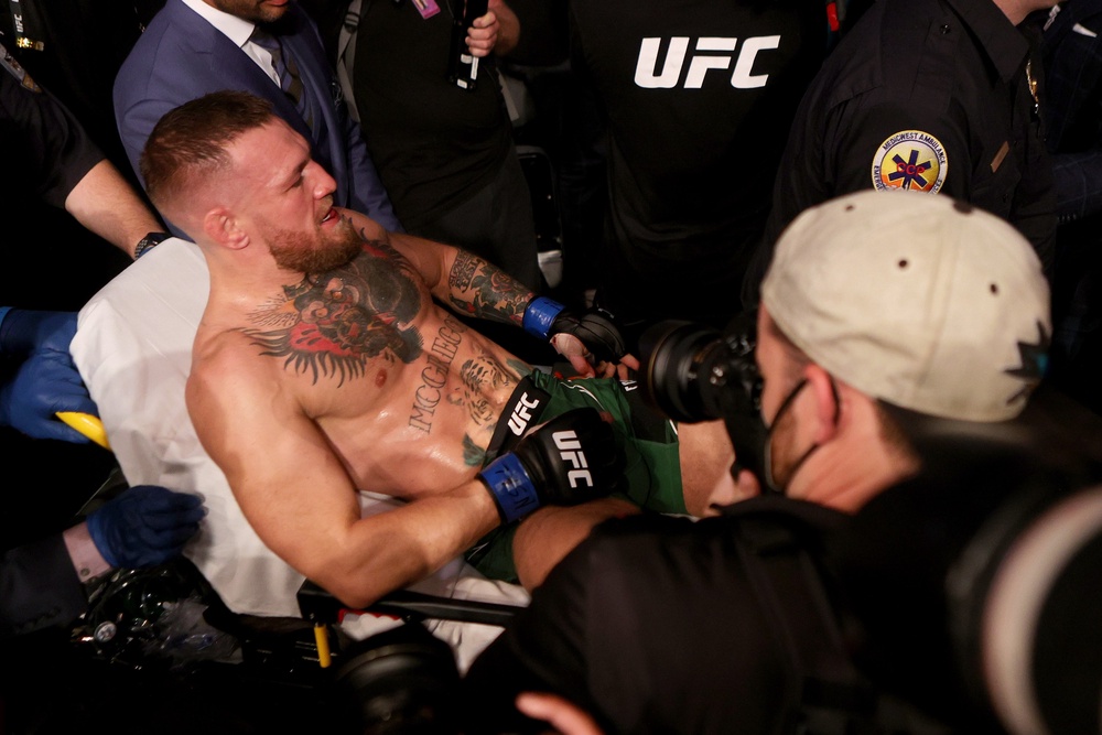 McGregor suffered a broken leg in his last fight, a 2021 loss to Dustin Poirier (Getty)