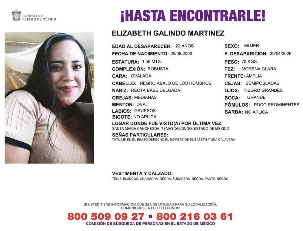 Authorities have not officially identified the victims, but local reports suggest the woman found Thursday may be 22-year-old Elizabeth Martinez from the State of México, who was reported missing in late April (State of Mexico Missing Persons Search Commission/Facebook)