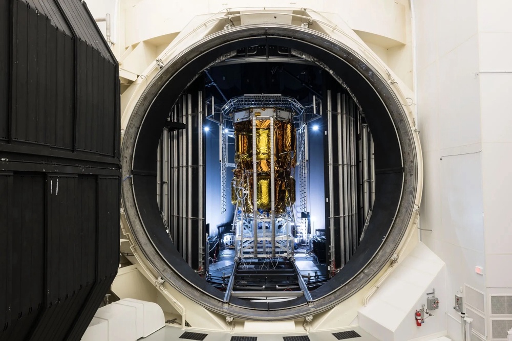 Environmental testing of Blue Origin’s Blue Moon Mark 1 lunar lander has been completed inside Thermal Vacuum Chamber A at NASA’s Johnson Space Center in Houston, (NASA)