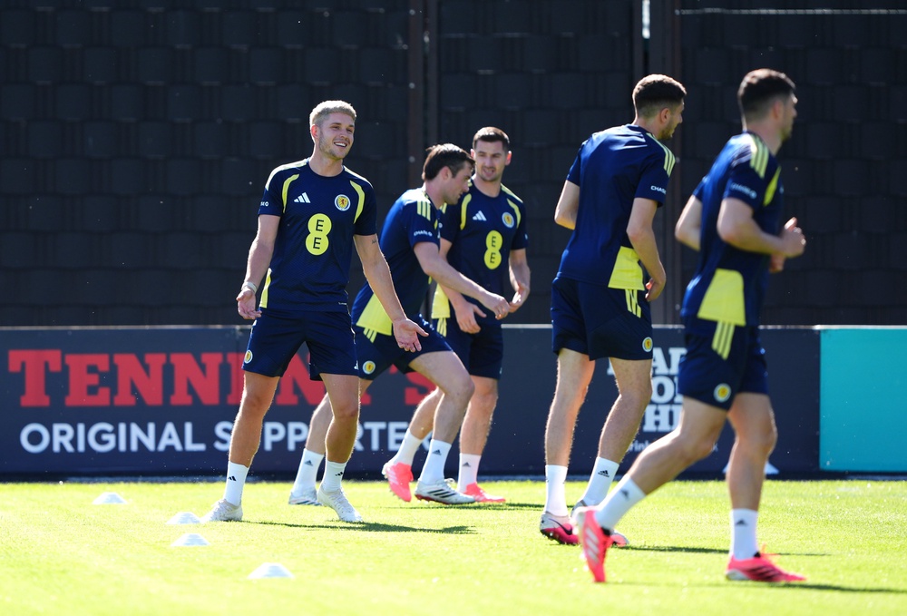 Scotland’s George Hirst (left) and team-mates during a training session at Lesser Hampden, Glasgow (Andrew Milligan/PA). (PA Wire)