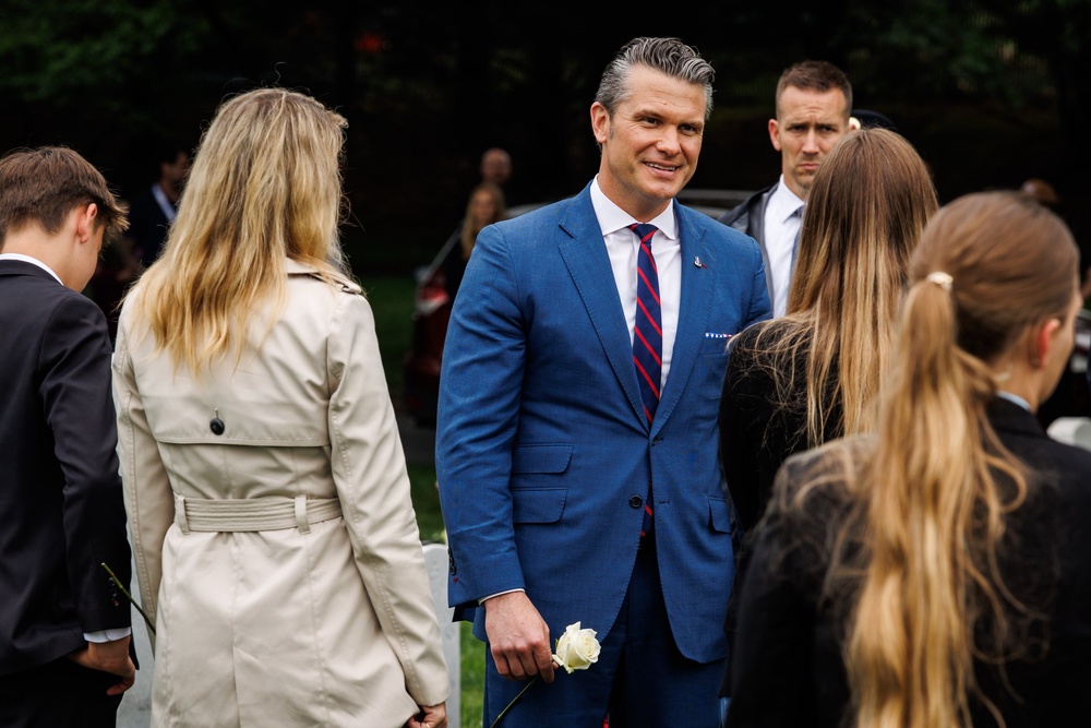 Secretary of Defense Pete Hegseth was slammed online for an apparent slip-up during a speech at Arlington National Cemetery (Getty)