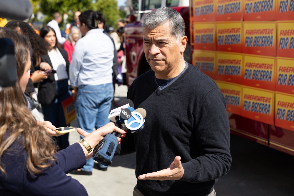 California gubernatorial candidate Xavier Becerra speaks with the media at an event while campaigning on May 26, 2026 in San Francisco (Getty)