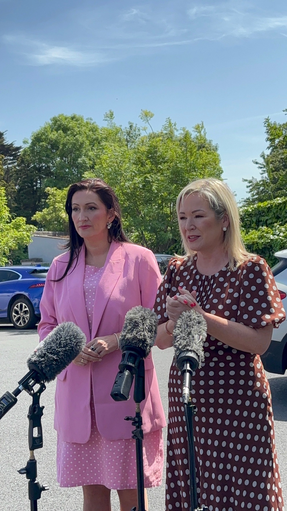 Deputy First Minister Emma Little-Pengelly (left) and First Minister Michelle O’Neill (right) speak to media following a visit to Kids Korner Day Nursery in east Belfast. (Rebecca Black/PA)