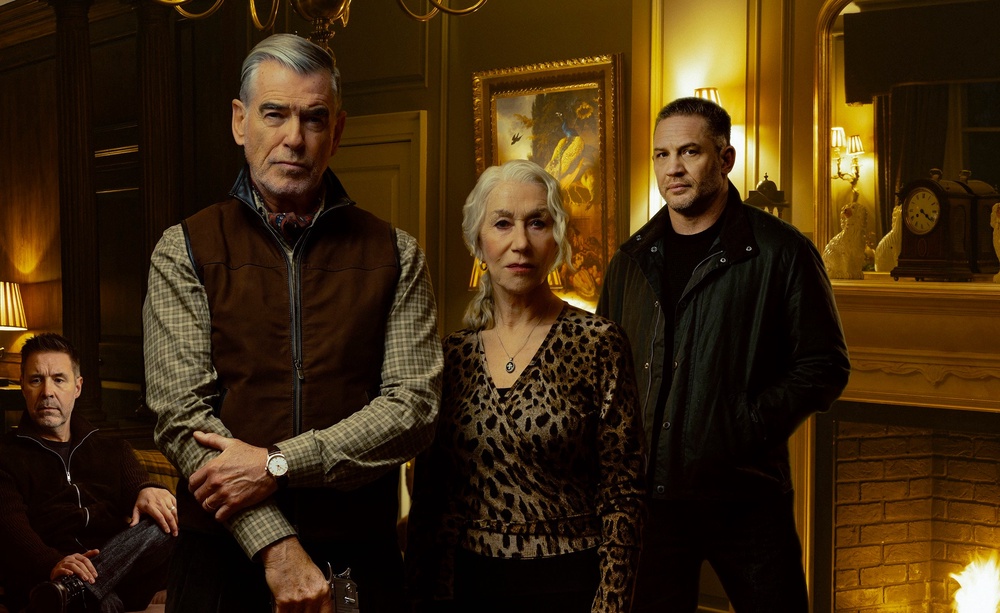 Tom Hardy (right) allegedly kept 'Mobland' co-stars Pierce Brosnan (left) and Helen Mirren (middle) waiting on set 'for hours' (Paramount+)