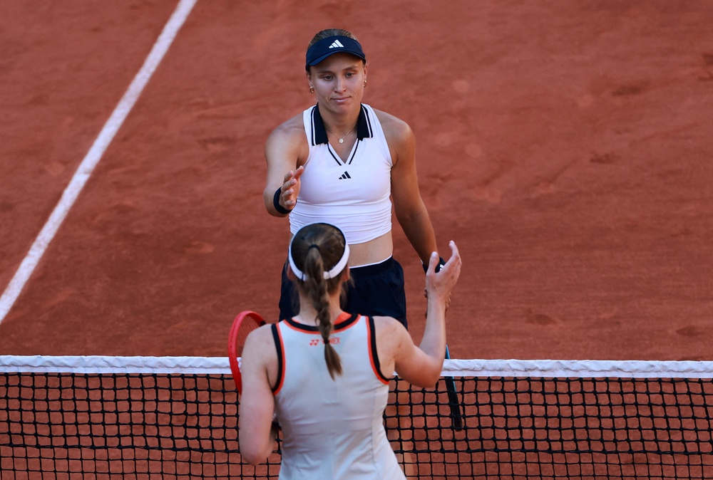 Yuliia Starodubtseva and Elena Rybakina shake hands after their second round match (Reuters)