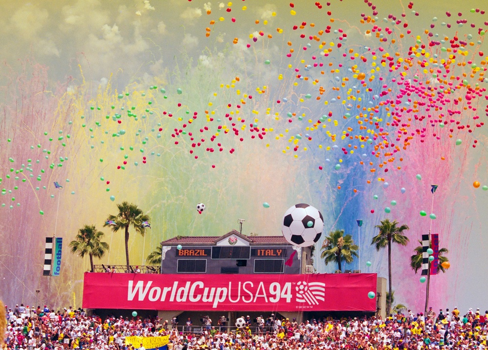 Fireworks and balloons at the Closing Ceremony for the 1994 FIFA World Cup Final on 17th July 1994 at the Rose Bowl stadium in Pasadena, California (Getty)