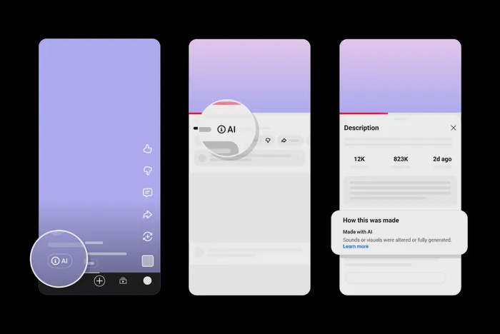 YouTube released this image Wednesday of what the AI disclosure labels will look like on videos and Shorts (YouTube)