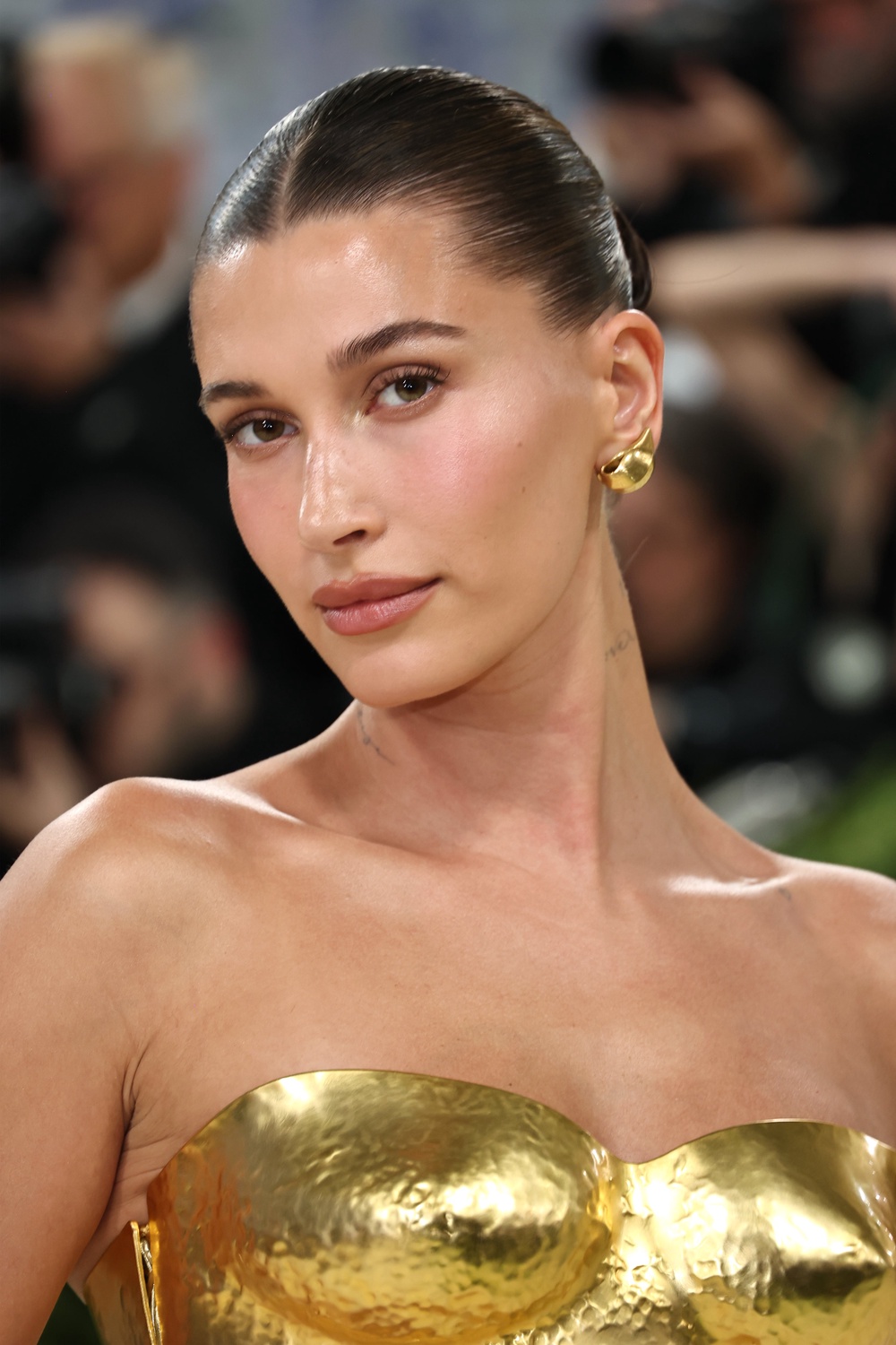 Hailey Bieber opted for a slick back at this year’s Met Gala in New York (Getty)