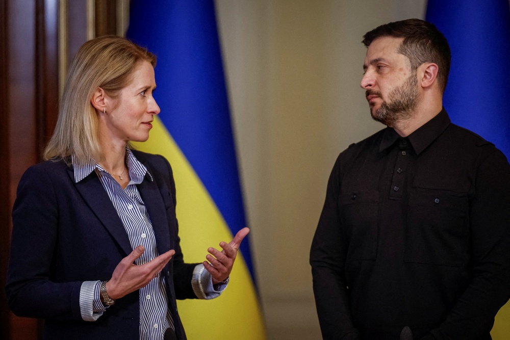 Ukraine's president Volodymyr Zelensky and High Representative for Foreign Affairs and Security Policy Kaja Kallas attend a joint press conference in Kyiv (Reuters)