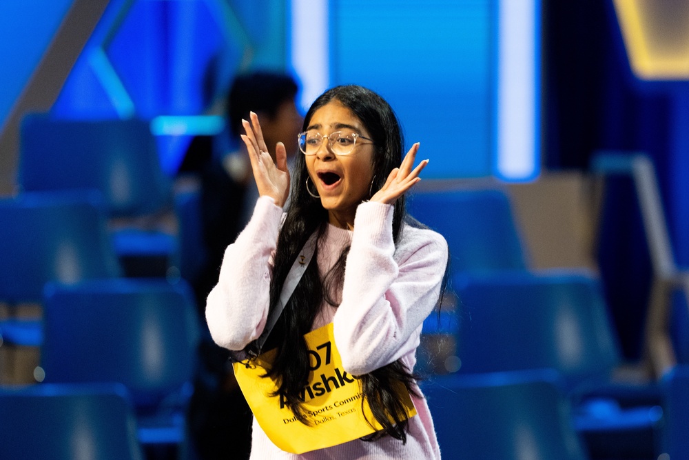 Avishka Dudala, 13, of Prosper, Texas, reacts after answering correctly during the semifinals (AP)