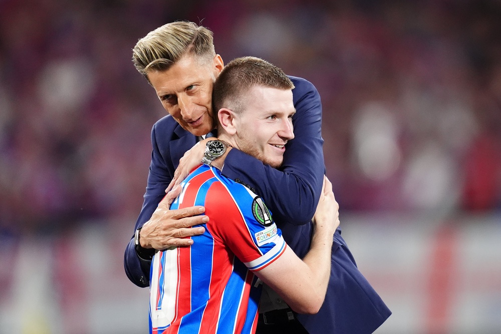 Crystal Palace chairman Steve Parish (left) and Adam Wharton after the UEFA Europa Conference League Final at the Red Bull Arena, Leipzi (PA)