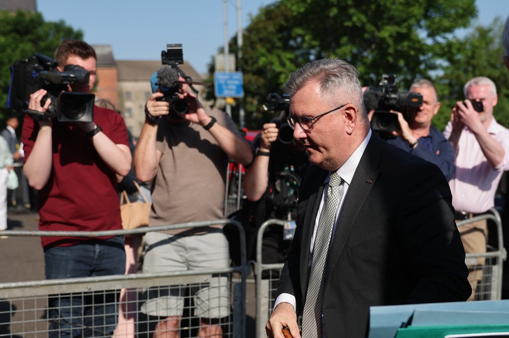 Sir Jeffrey Donaldson arriving at Newry Crown Court on Thursday (Liam McBurney/PA) (PA Wire)