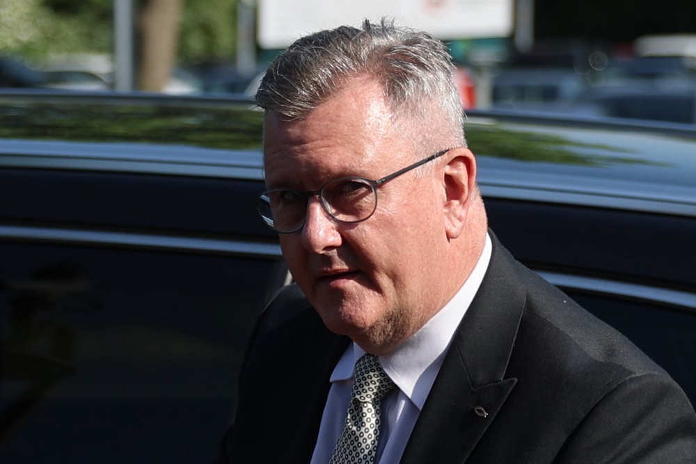 Sir Jeffrey Donaldson arriving at Newry Crown Court, where he and his wife Lady Eleanor Donaldson are accused of historical sexual offences (Liam McBurney/PA) (PA Wire)