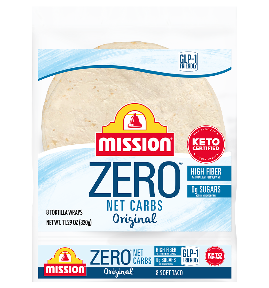 The popular tortilla maker Mission is selling a zero net carb tortilla that is labeled as GLP-1 friendly (Mission)